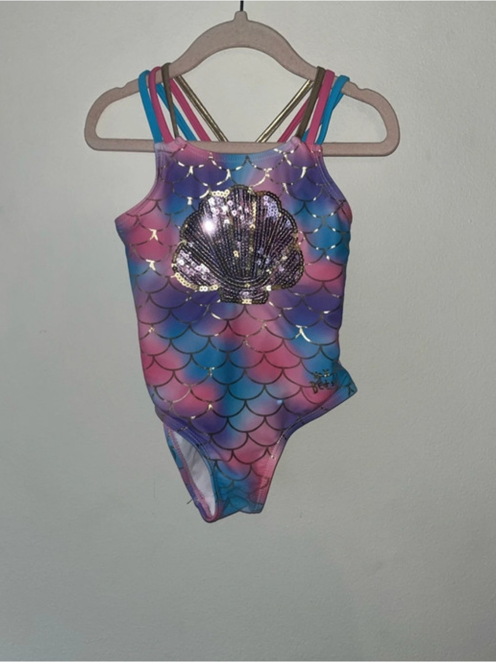 Betsey Johnson Kids One-Piece Swimsuit in Pink, Purple, Blue with Gold Shell